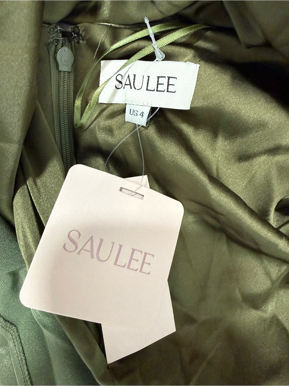 Sau Lee Priscilla Gown Olive Green Satin Maxi Dress Asian Inspired Formal Slit 4 - Picture 9 of 9
